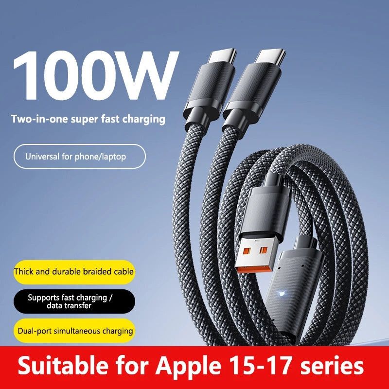 100W 2-in-1 Dual USB-C Fast Charging Cable - 1