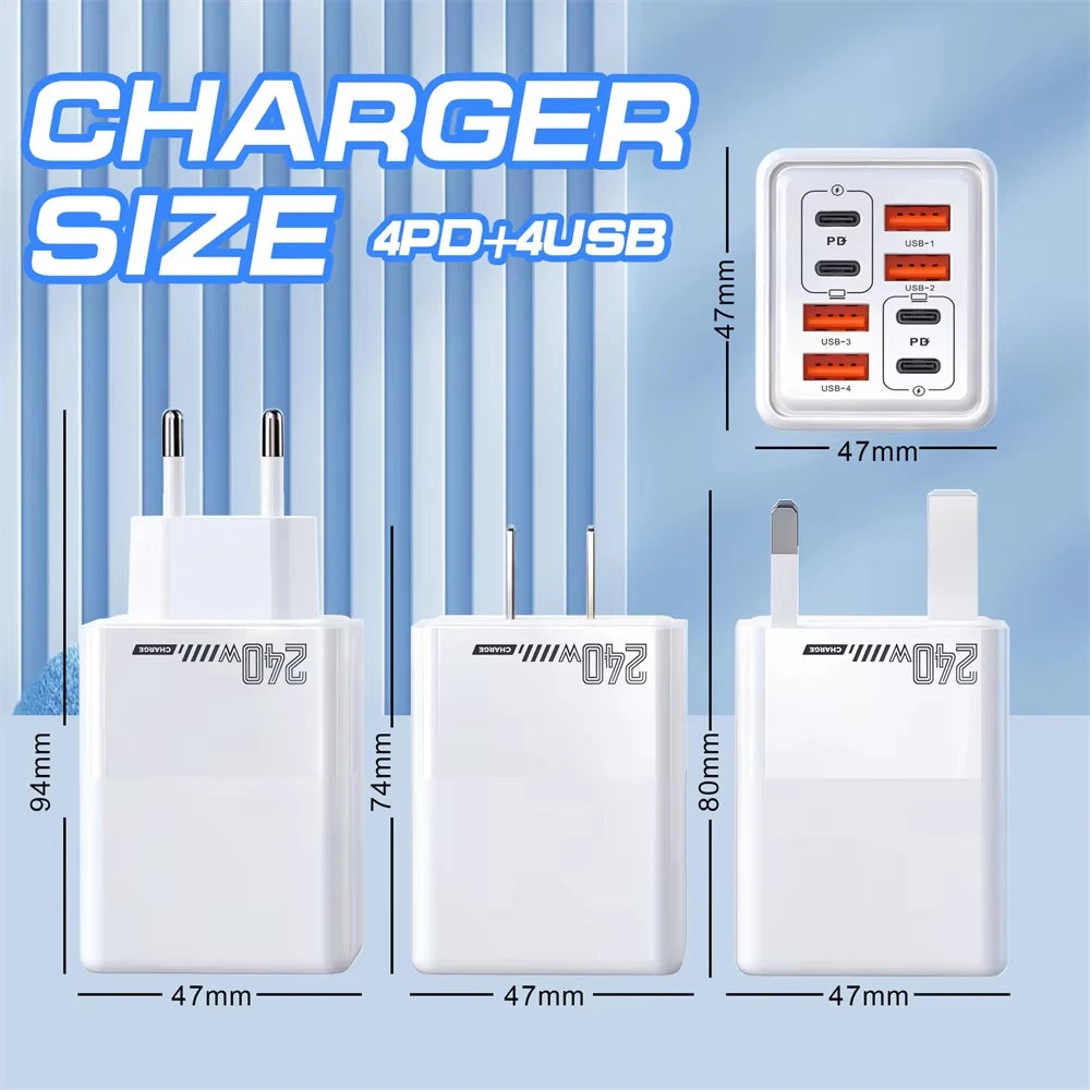 240W 8-in-1 Fast Charging USB Wall Adapter - 5