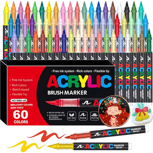 60-Color Flexible Tip Acrylic Paint Markers for DIY Crafts
